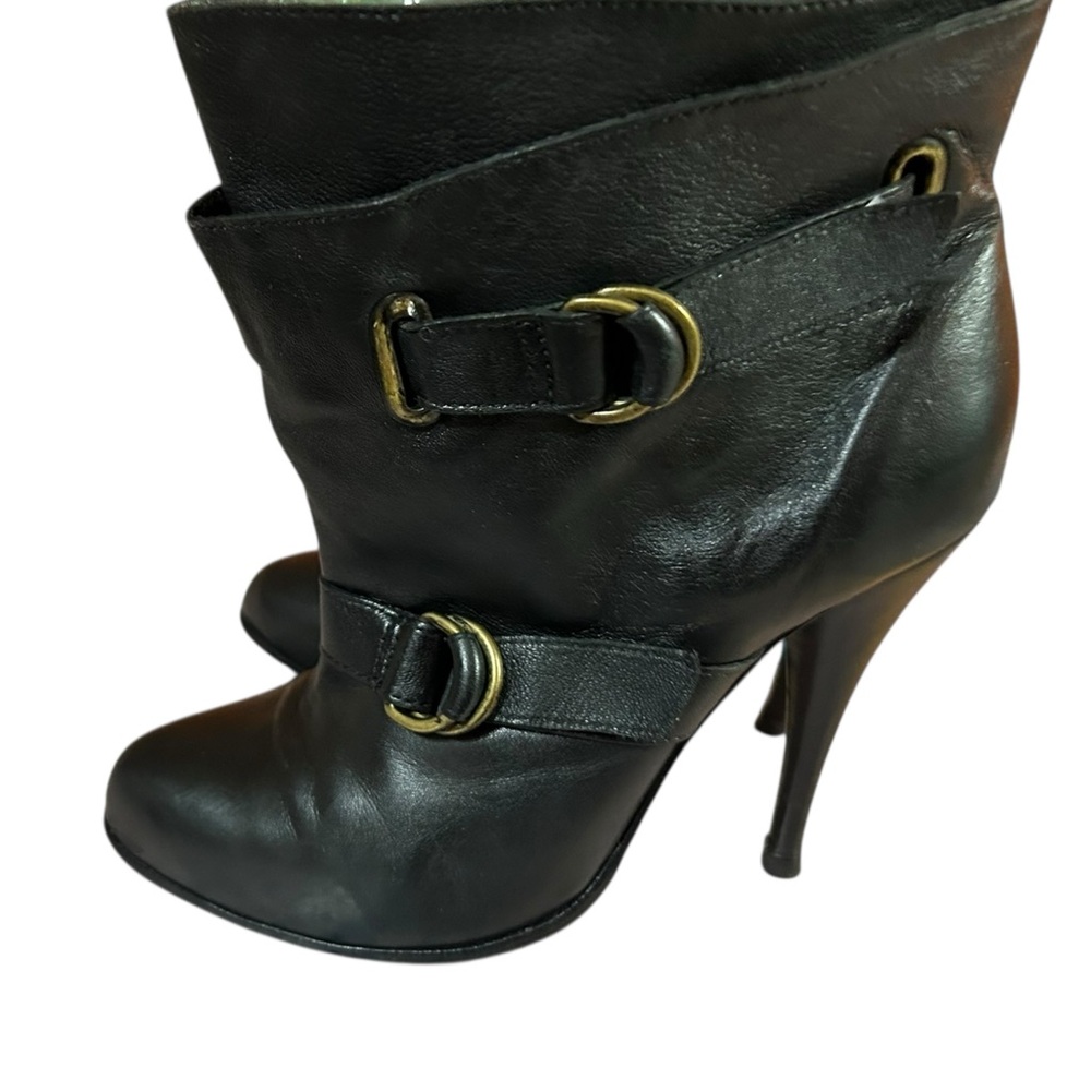 Joie black leather stiletto booties buckle straps slouchy silhouette brazil 7.5